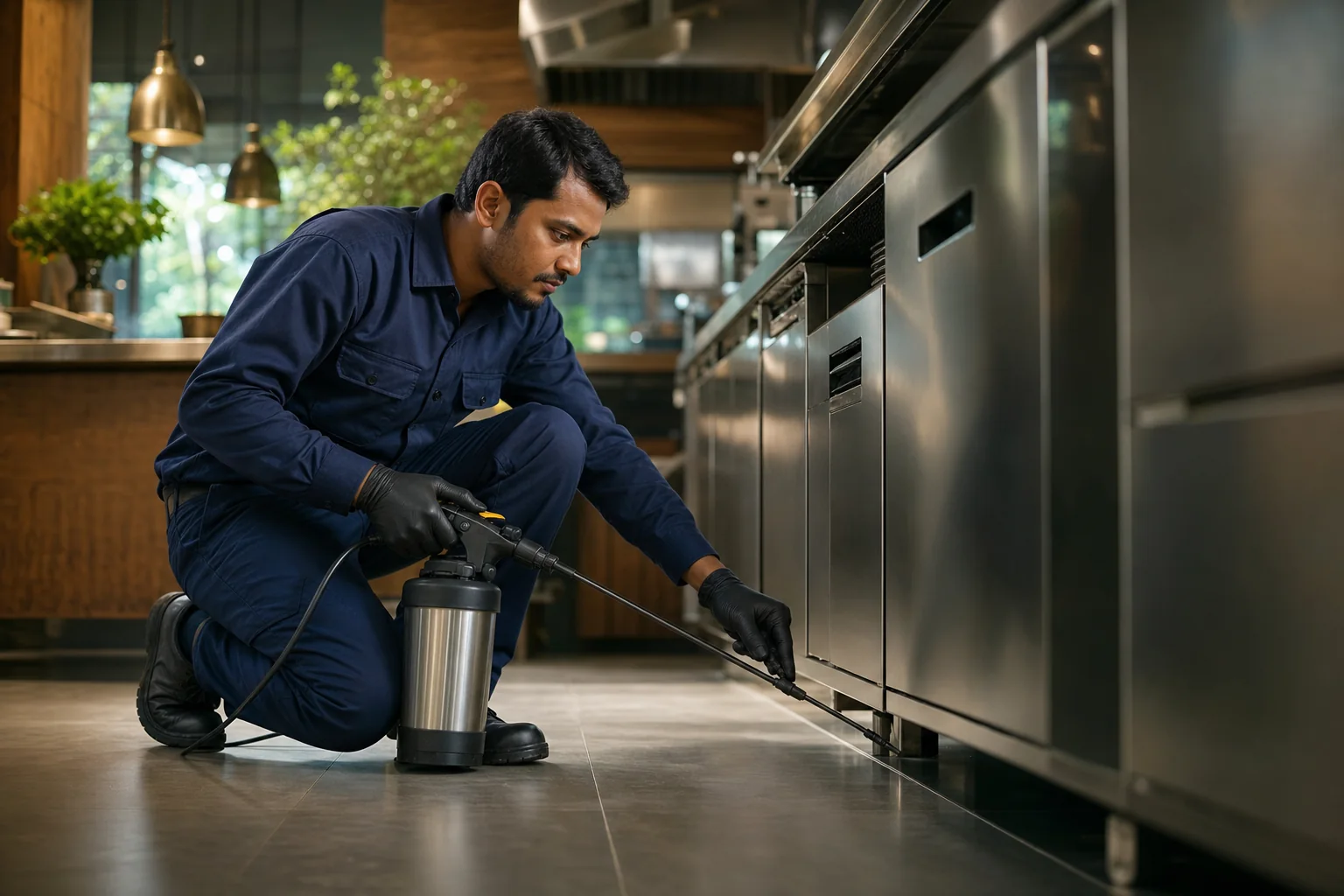 Scorpion Services technician carrying out a commercial kitchen treatment in Dhaka
