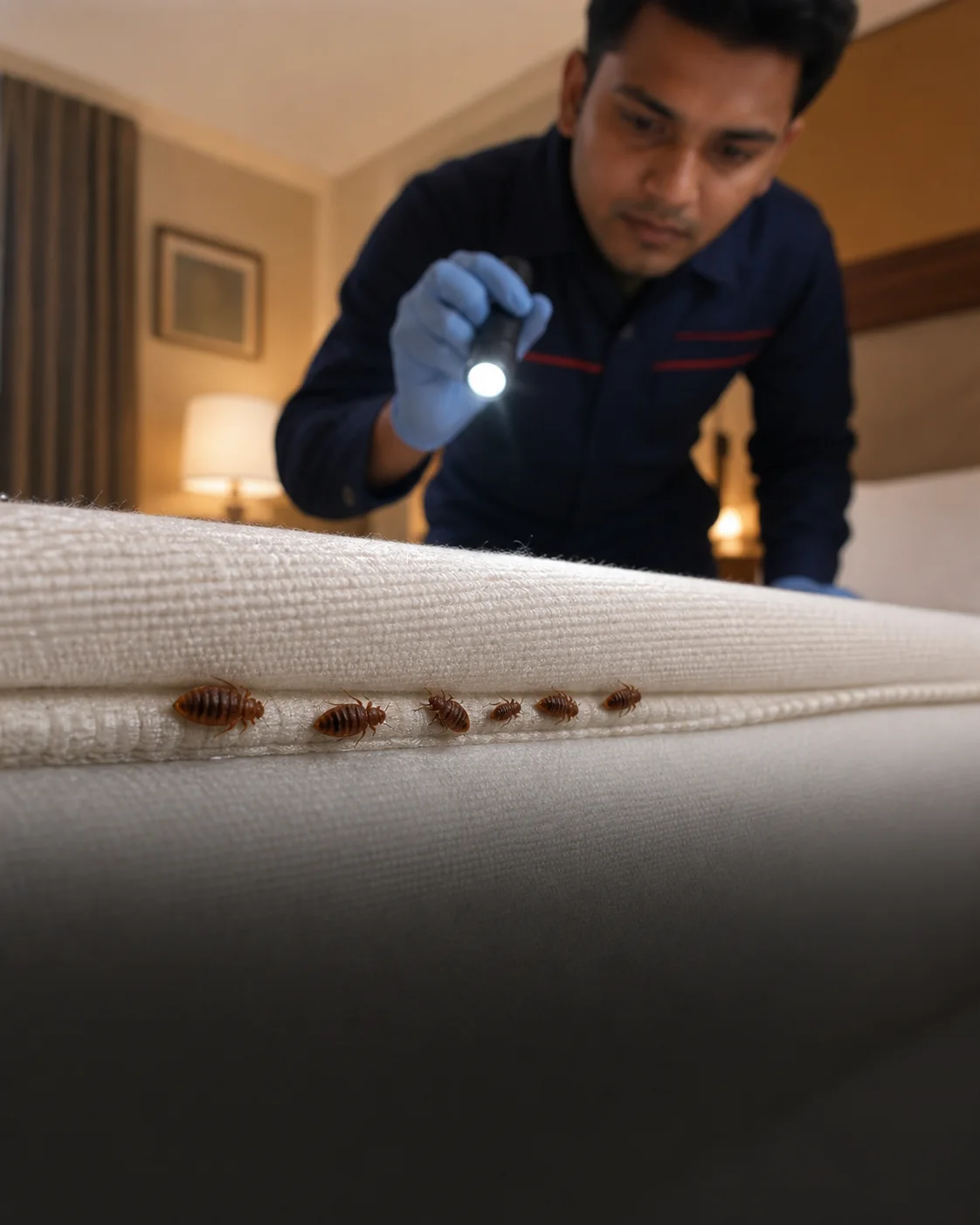 Visible bed bugs on a mattress seam during professional inspection