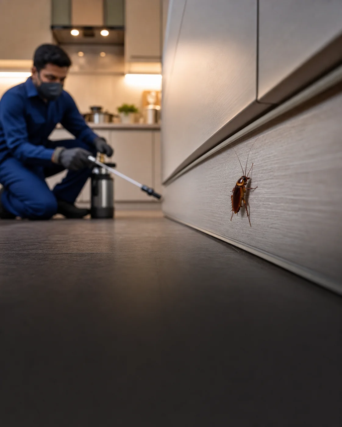 Visible cockroach at a kitchen baseboard during professional treatment