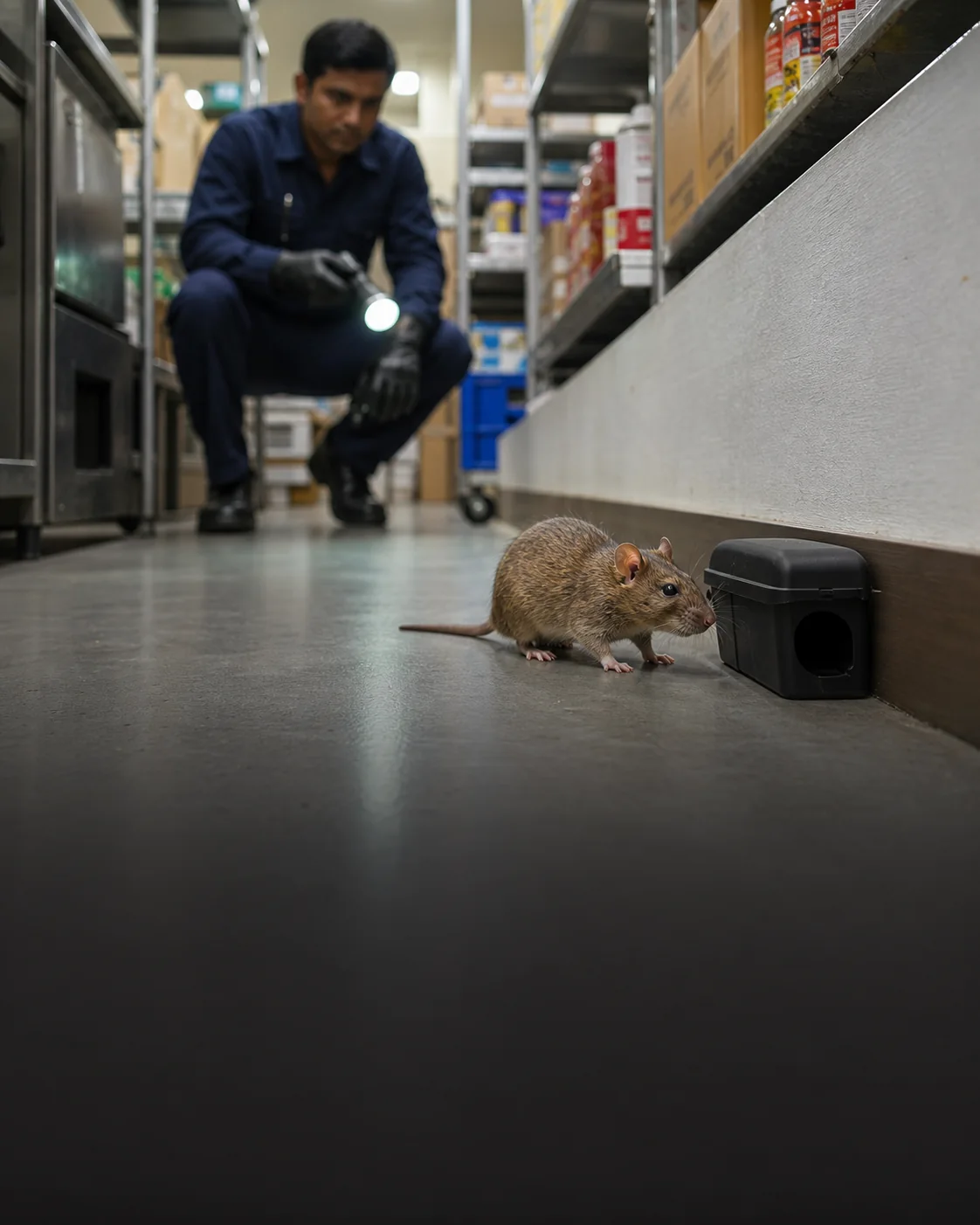 Visible rat beside a monitoring station during professional rodent control
