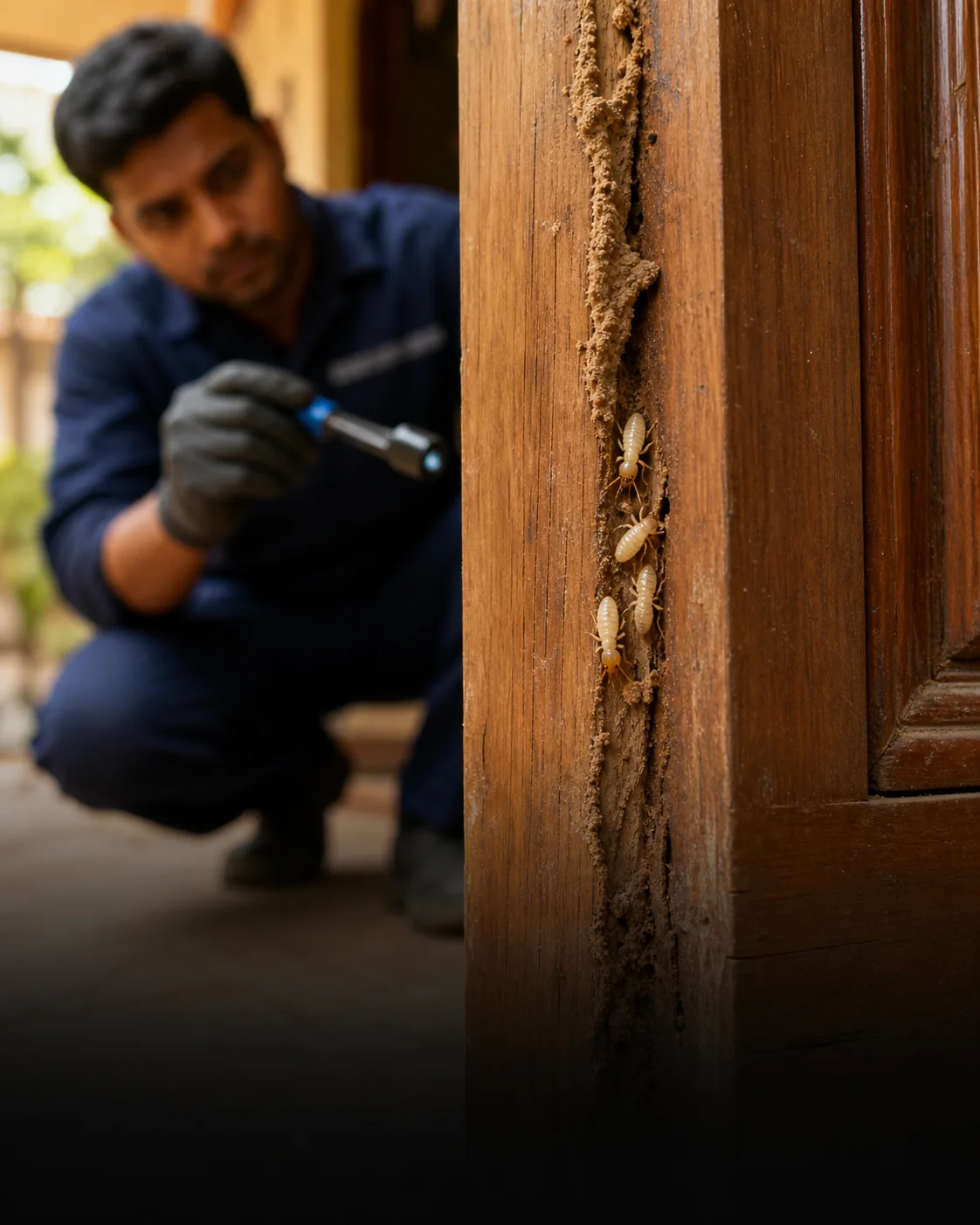 Visible termites and a mud tube on a timber doorway during inspection